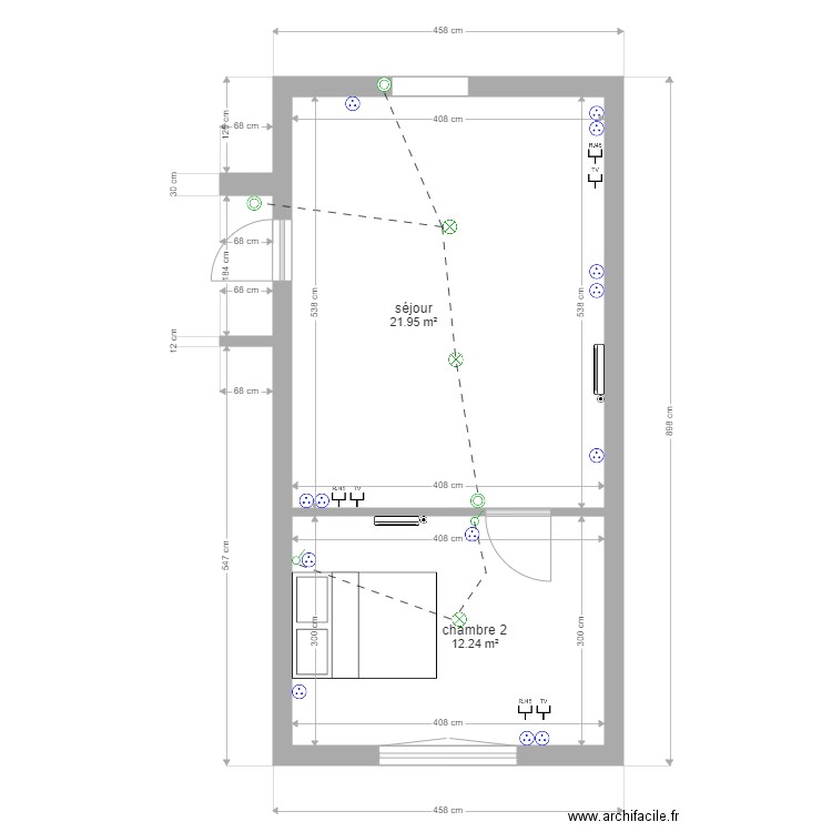 électricité séjour chambre2. Plan de 2 pièces et 34 m2