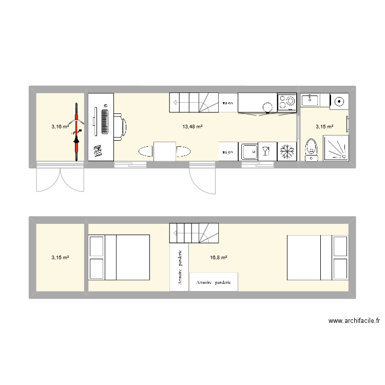 Tiny House Remorque 2.5m de large. Plan de 5 pièces et 40 m2