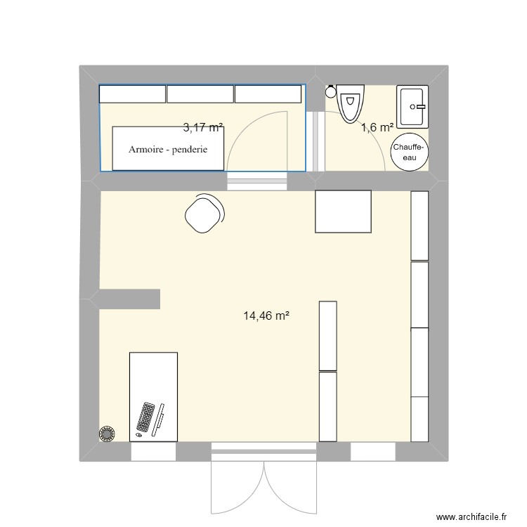 chef d'oeuvre. Plan de 3 pièces et 19 m2