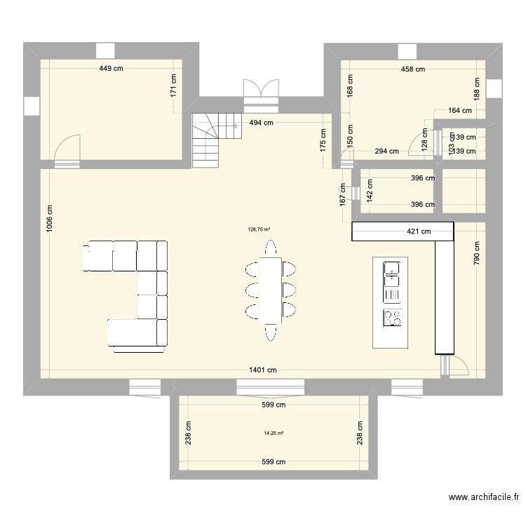 PROJET EV RDC. Plan de 2 pièces et 143 m2