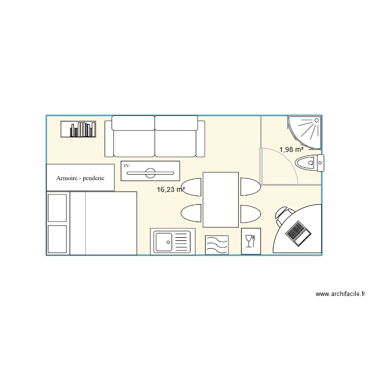 Contenaire aménagé. Plan de 2 pièces et 18 m2