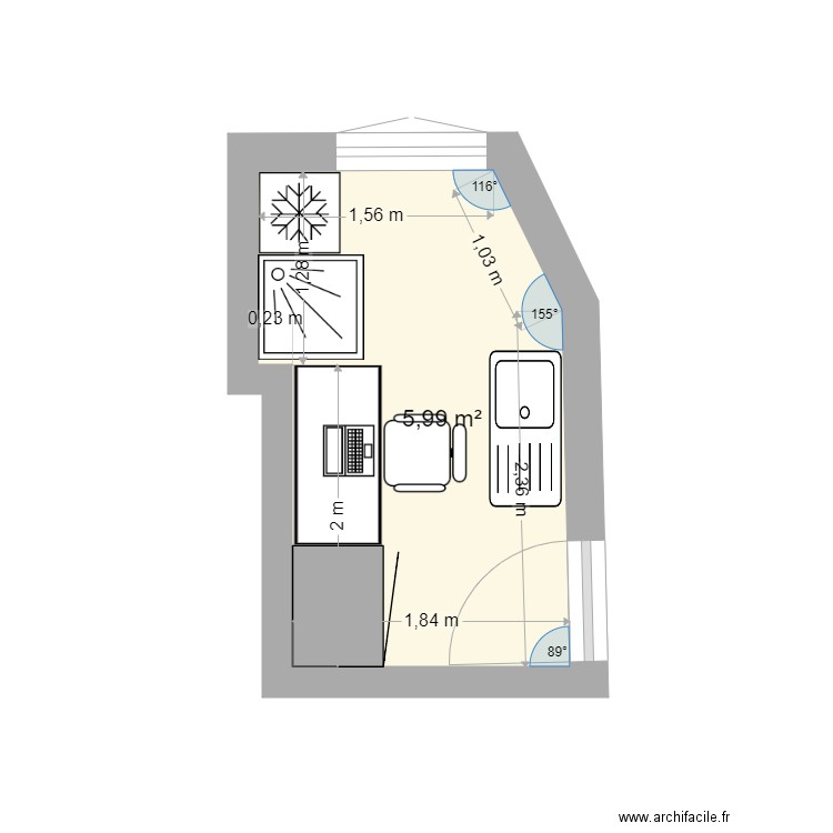 chambre de bonne BUBU Pierre Guérin. Plan de 1 pièce et 6 m2