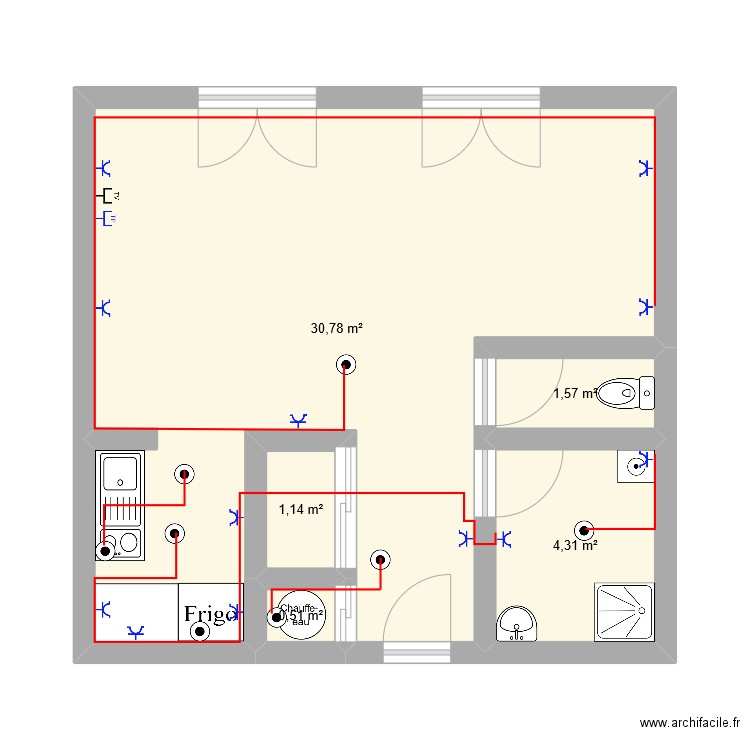 eclairage. Plan de 5 pièces et 38 m2