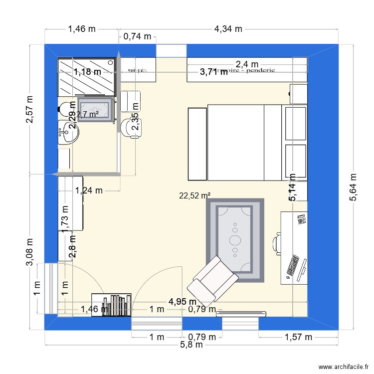 Ma chambre idéalement. Plan de 2 pièces et 25 m2