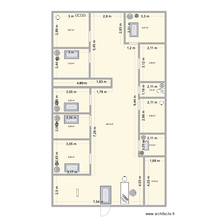 Institut Douai. Plan de 13 pièces et 143 m2