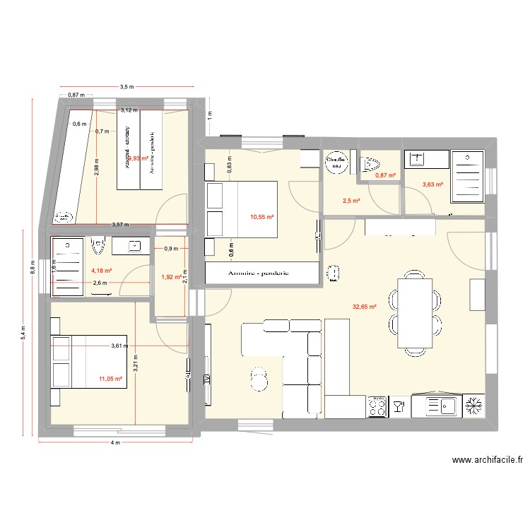 extension  2 chambres dressing. Plan de 9 pièces et 77 m2