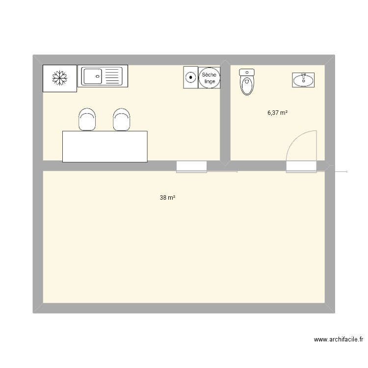 Salon. Plan de 2 pièces et 44 m2