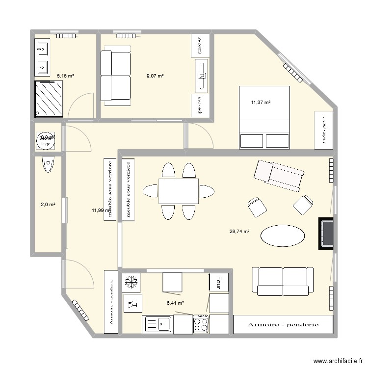 appartement 80 m2 Version 3. Plan de 8 pièces et 77 m2