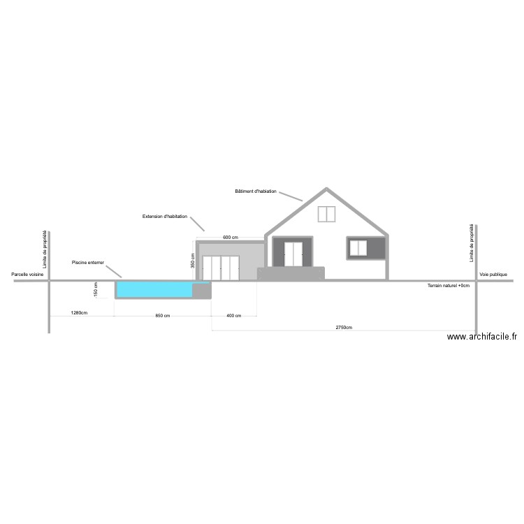 Plan coupe extension. Plan de 7 pièces et 87 m2