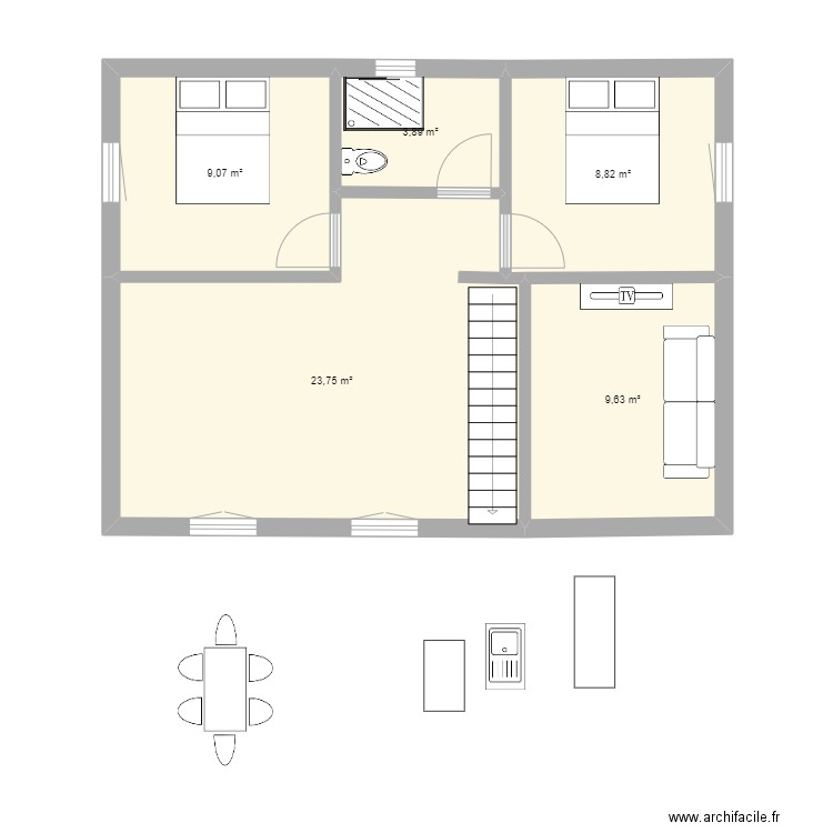 RDC maison madeira . Plan de 5 pièces et 55 m2