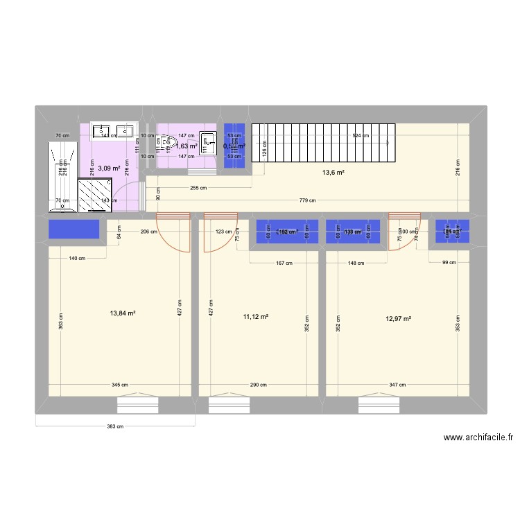 Etage chalet 2. Plan de 13 pièces et 61 m2