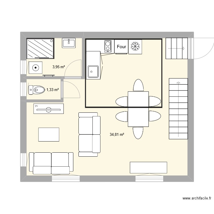 Gite 2 - Atelier R1 chambre R2b. Plan de 3 pièces et 40 m2