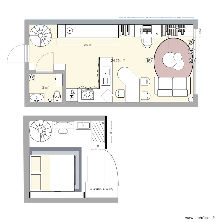 studio 20m2 . Plan de 2 pièces et 26 m2