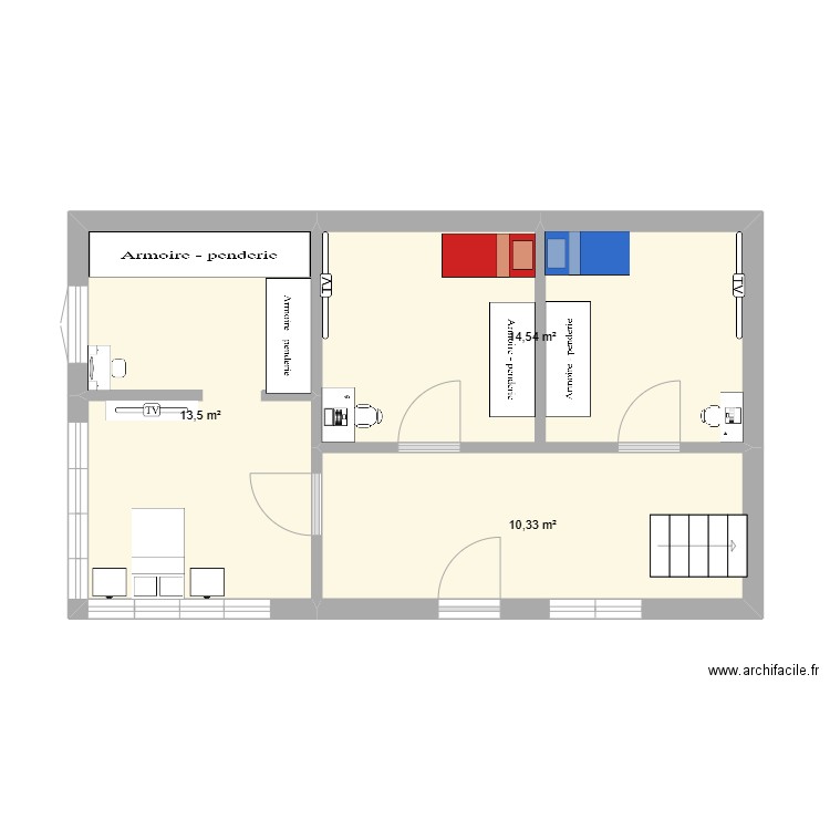 rez de chaussé. Plan de 3 pièces et 38 m2