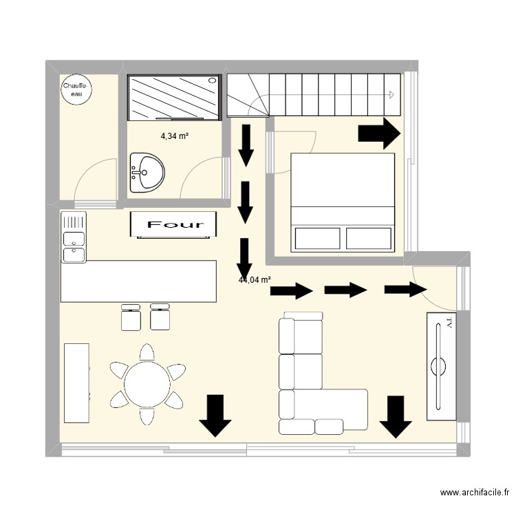 rez chaussé espagne. Plan de 2 pièces et 48 m2