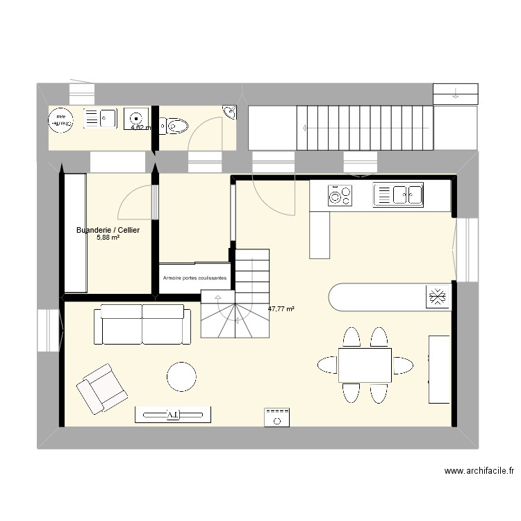 petite maison Niveau 1 aménagé. Plan de 3 pièces et 58 m2