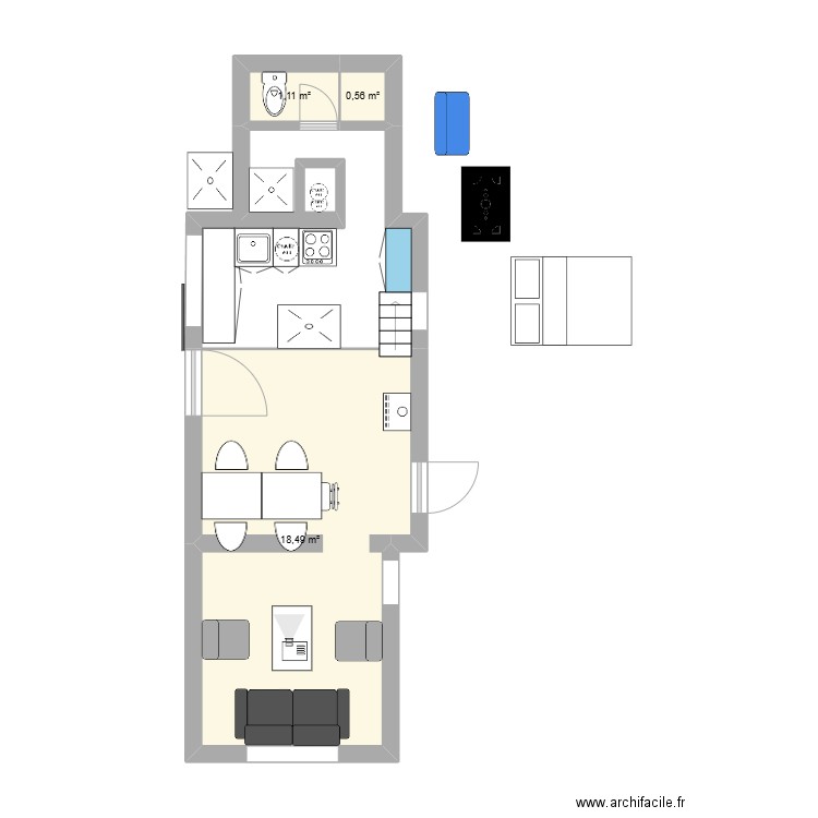 cabane avec agrandissement. Plan de 3 pièces et 20 m2