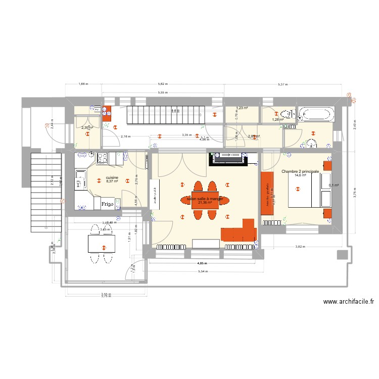 Chantelac R+1 Prunieres aménagement Meubles. Plan de 8 pièces et 52 m2