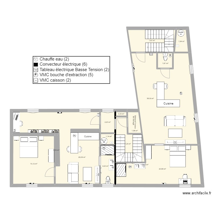 Plan Réhabilitation Amenagement comble CDL. Plan de 15 pièces et 130 m2