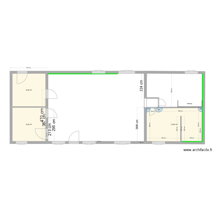 plan  maison derrière  ouverture porte . Plan de 3 pièces et 33 m2