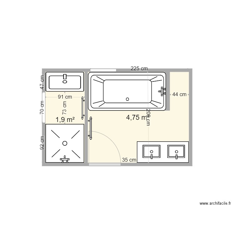 sdb haut ah v2. Plan de 2 pièces et 7 m2