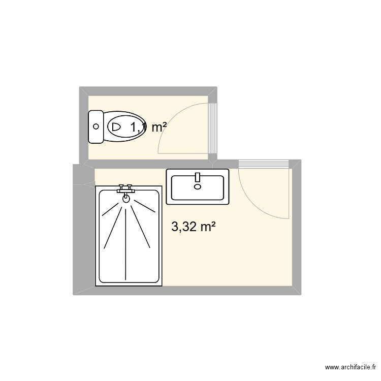 sens. Plan de 2 pièces et 4 m2