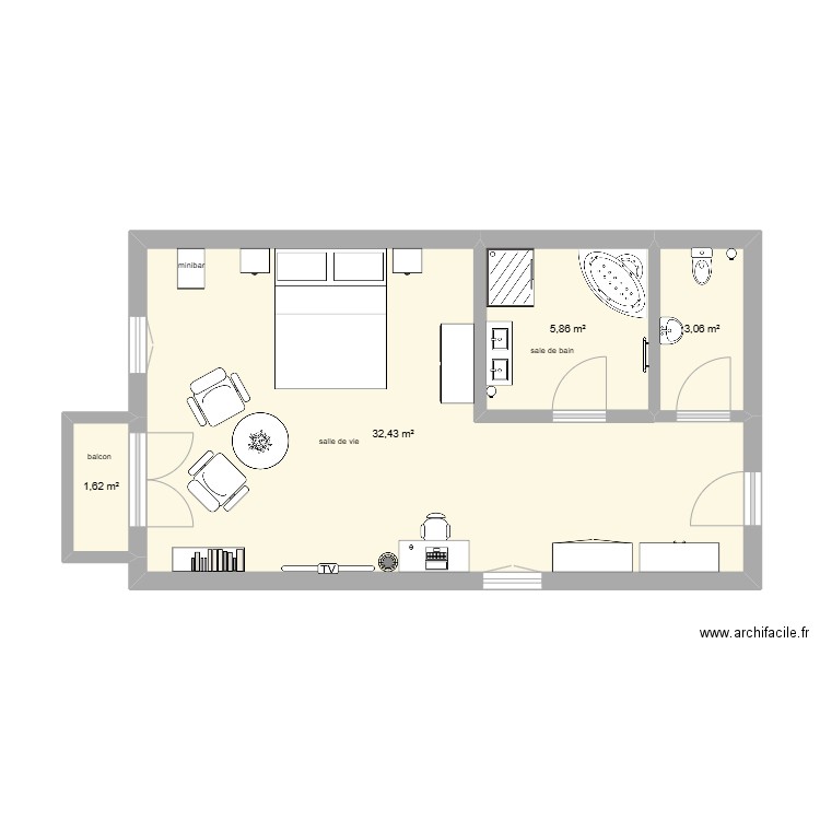 projet hébergement . Plan de 4 pièces et 43 m2