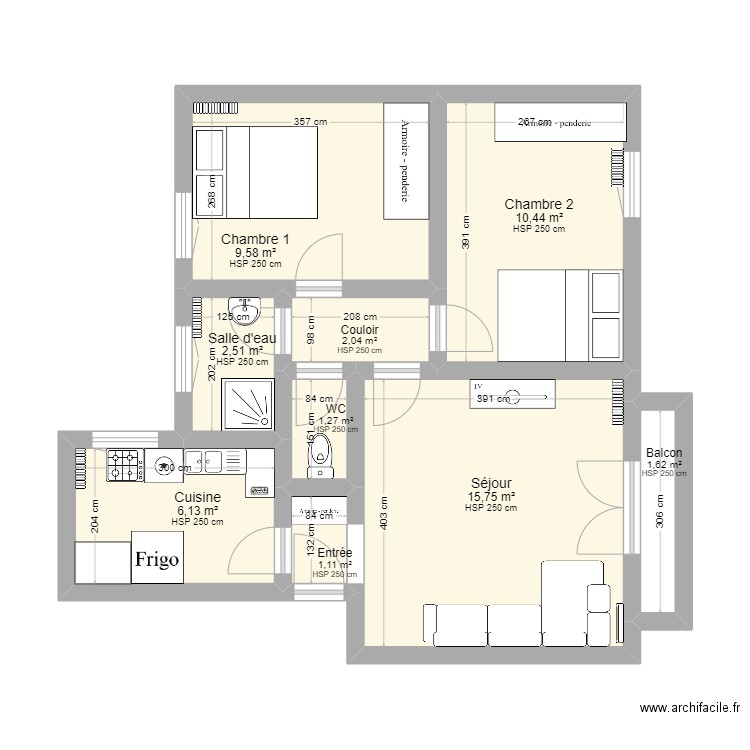 Noue F1. Plan de 9 pièces et 50 m2