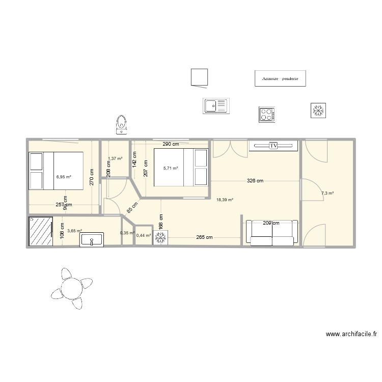 studio 1. Plan de 8 pièces et 44 m2