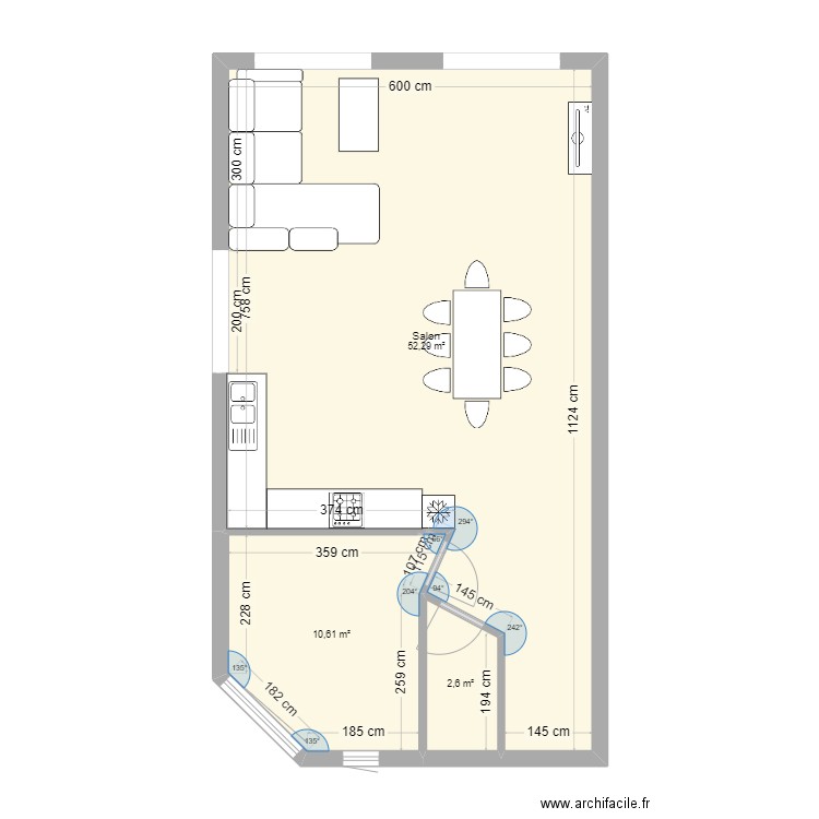 modif cuisine 3. Plan de 3 pièces et 66 m2