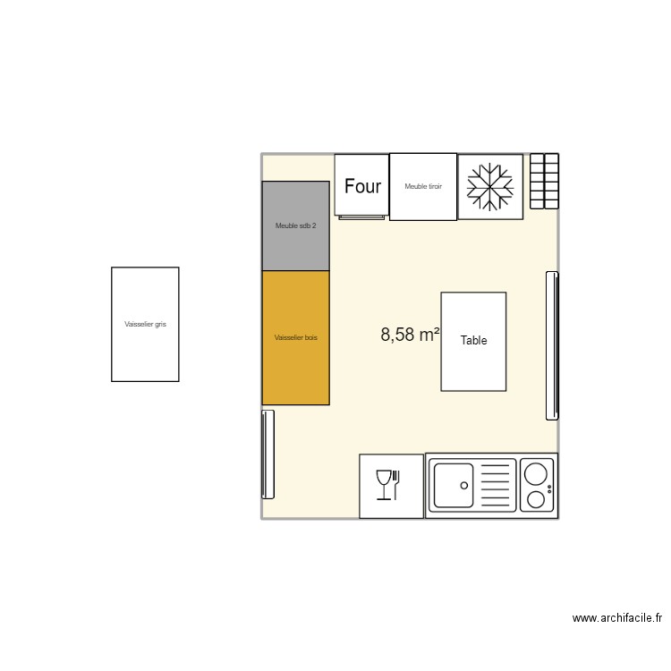 Cuisine. Plan de 1 pièce et 9 m2