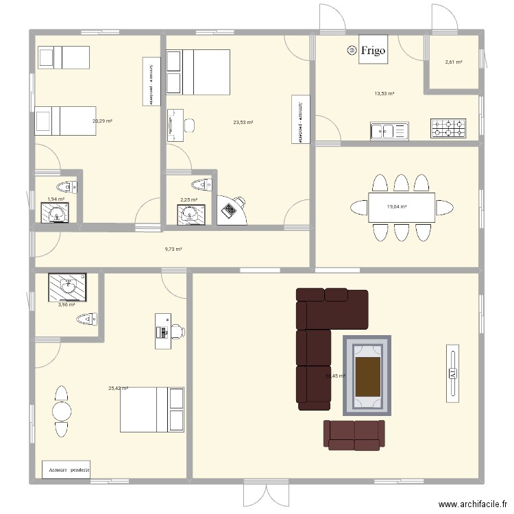 plan de 3 chambres salon avec salle à manger et cuisine . Plan de 11 pièces et 179 m2