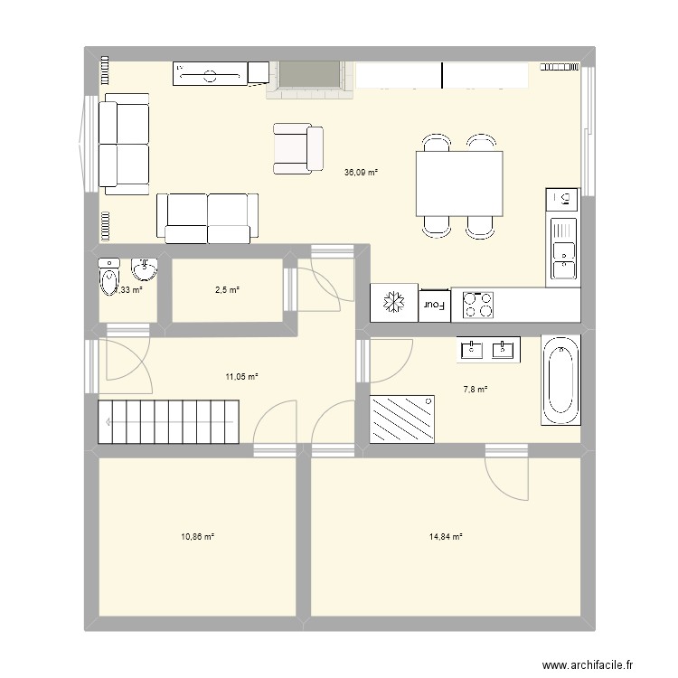 actuel revisité. Plan de 7 pièces et 84 m2