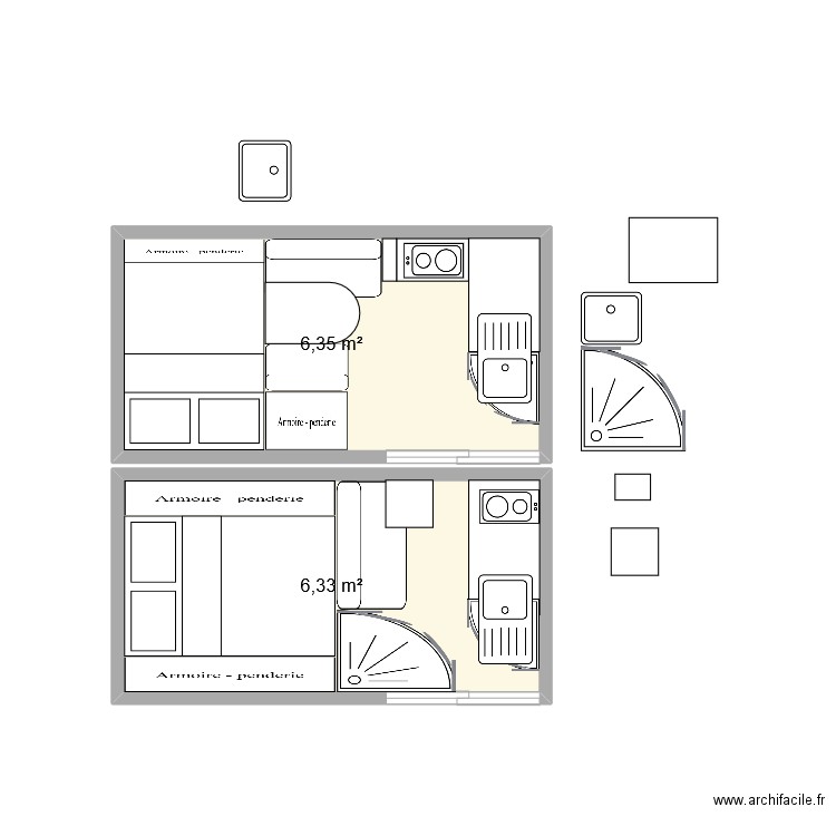 Camion sans douche fixe. Plan de 2 pièces et 13 m2