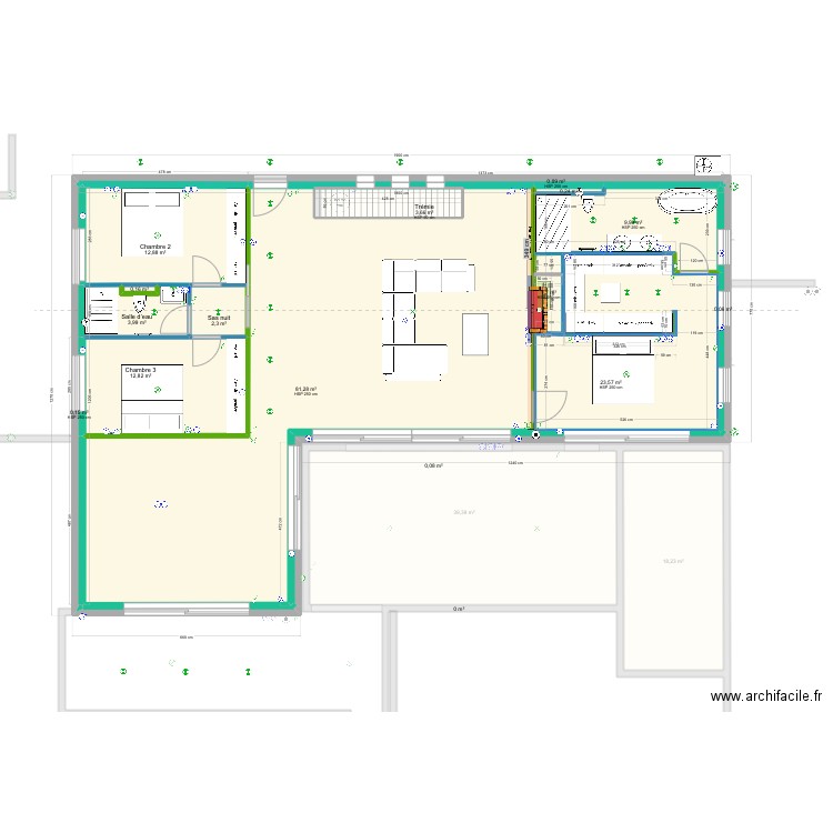 Cloisonnement insert variante. Plan de 26 pièces et 375 m2