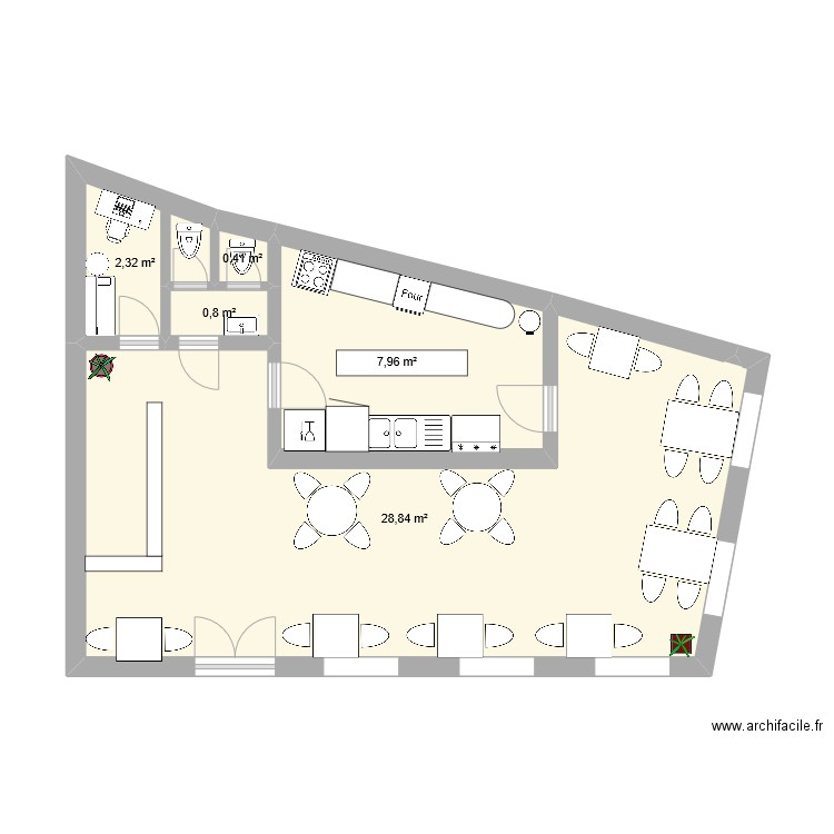 salon de thé. Plan de 5 pièces et 40 m2