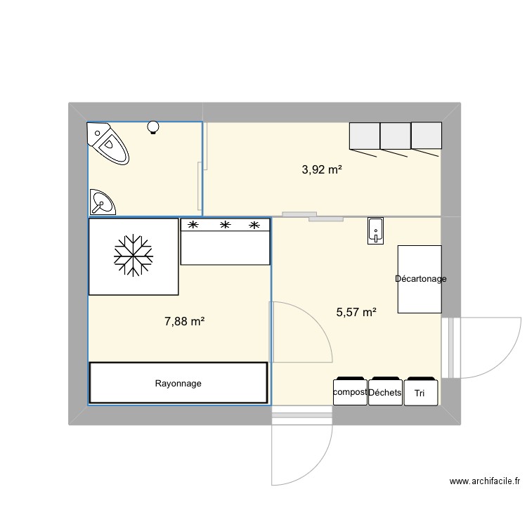 vestiaire. Plan de 3 pièces et 17 m2