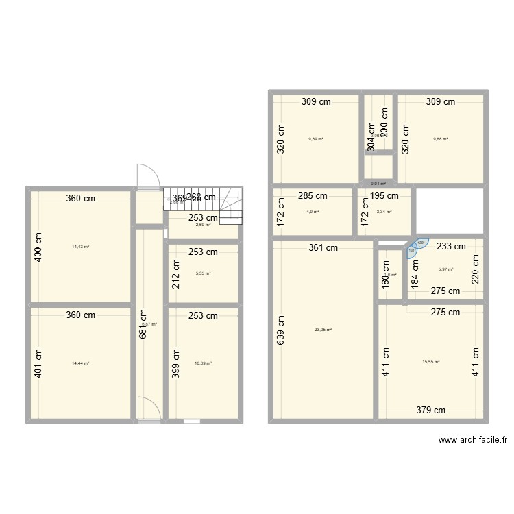 rez de chaussée avant travaux. Plan de 17 pièces et 134 m2