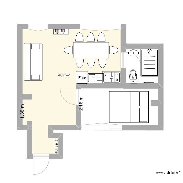 Version RDC Malo avec Meubles. Plan de 1 pièce et 21 m2