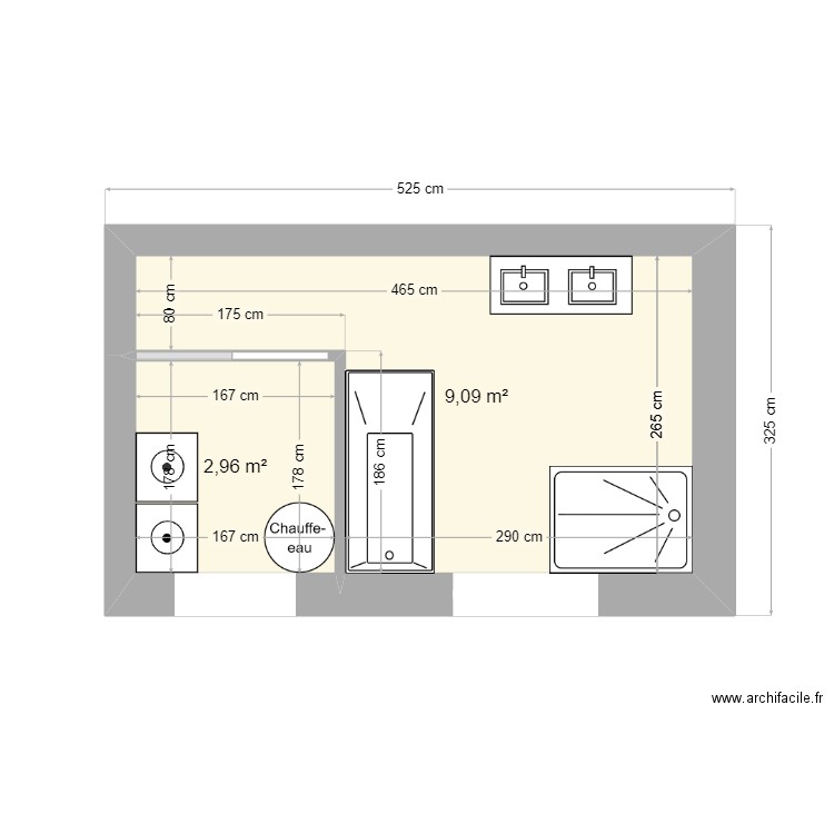 SdB. Plan de 2 pièces et 12 m2