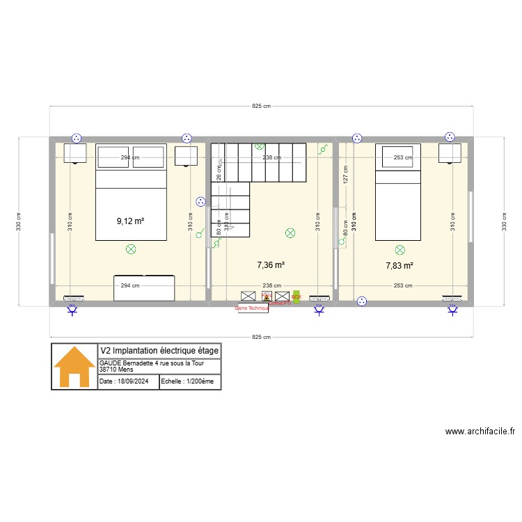 V2 Implantation électrique étage. Plan de 3 pièces et 24 m2