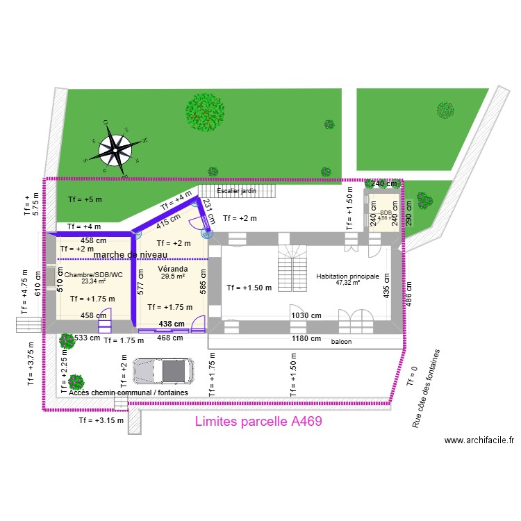 PC2_plan de masse_constructions_extension & conversion garage (bleu). Plan de 5 pièces et 116 m2