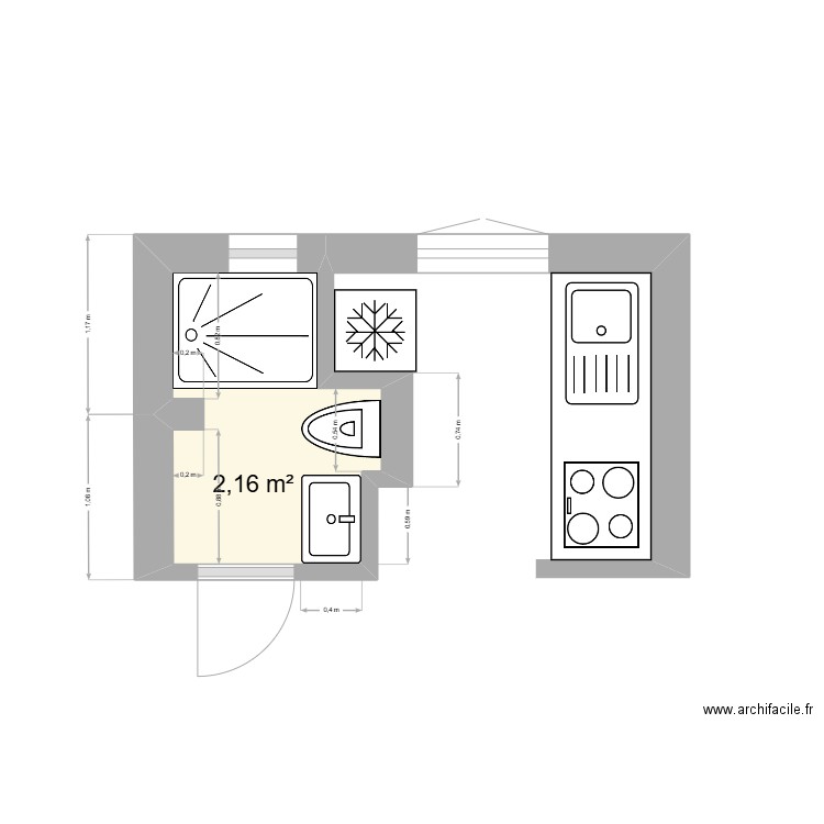 salle de bain papa. Plan de 1 pièce et 2 m2