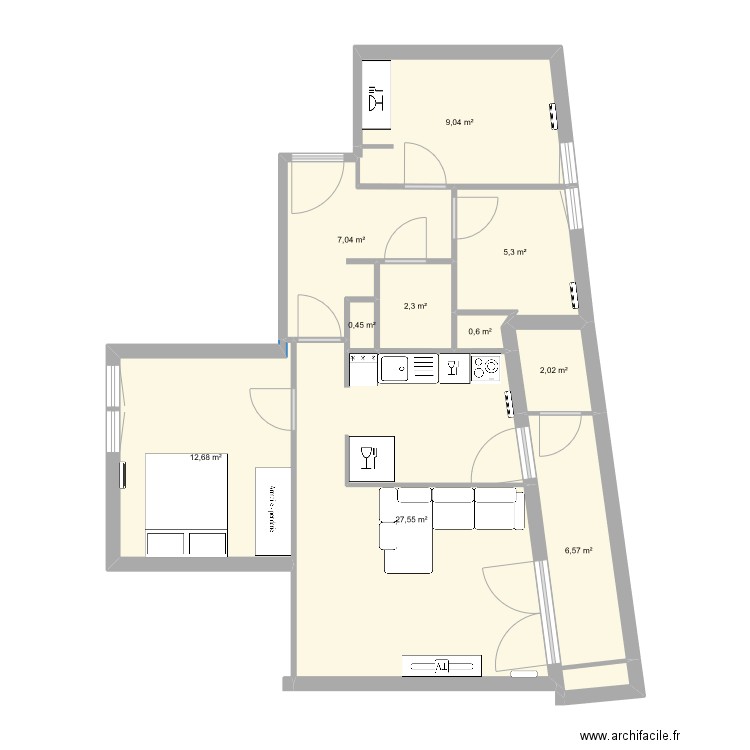 cucuc. Plan de 10 pièces et 74 m2