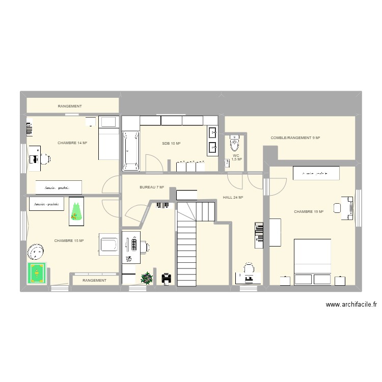 GRAND FAUX ETAGE. Plan de 13 pièces et 106 m2