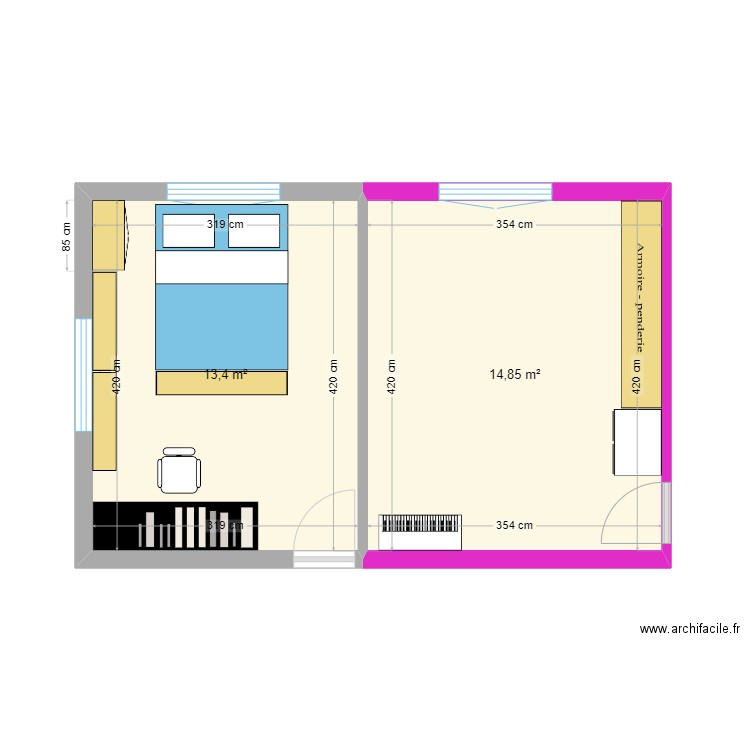 chambre réagencement. Plan de 2 pièces et 28 m2