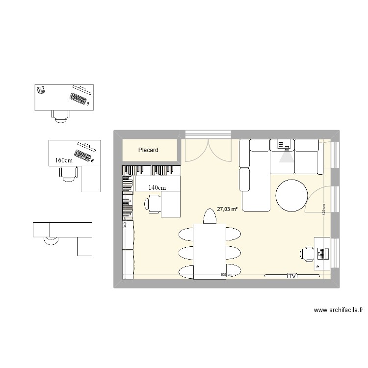 Salon mousse. Plan de 1 pièce et 27 m2