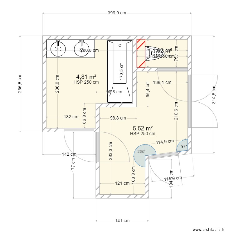 Salle de bain aviré projet . Plan de 3 pièces et 11 m2