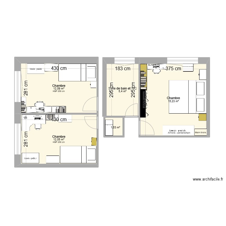 Chambre MC. Plan de 5 pièces et 46 m2