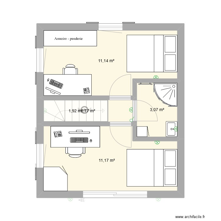 60m² 1 étage. Plan de 8 pièces et 59 m2